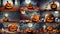 Set of terrifying Halloween pumpkins surrounded by bats, caravels, ghosts, skeletons and candy. 9 images from generative AI