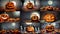 Set of terrifying Halloween pumpkins surrounded by bats, caravels, ghosts, skeletons and candy. 9 images from generative AI