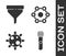 Set Test tube and flask chemical, Funnel or filter, Bacteria and Chemical formula icon. Vector