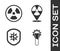 Set Test tube and flask, Radioactive, Shield protecting from virus and Radioactive in location icon. Vector