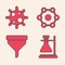 Set Test tube flask on stand, Bacteria, Chemical formula and Funnel or filter icon. Vector