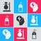 Set Test tube flask on stand, Laboratory wash bottle and Head and electric symbol icon. Vector