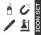 Set Test tube flask on stand, Laboratory wash bottle, Pipette and Magnet icon. Vector