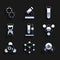 Set Test tube flask on stand, Molecule, Sulfur dioxide SO2, Ozone, Old hourglass, and icon. Vector