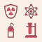 Set Test tube flask on stand, Radioactive in shield, Atom and Laboratory wash bottle icon. Vector