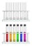 Set of test tubes in racks. Test tubes empty and filled with multi-colored liquid. Special laboratory equipment for