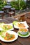 Set of Thai foods and Asian Food on wood table