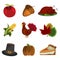 Set of Thanksgiving Day Apple, Acorn, Turkey, Corn, Hat, Pumpkin pie, Leaf icon