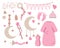 A set for a themed holiday of a newborn. A collection for babies of a girl. Baby care, feeding, clothing, toys, safety