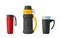 Set of Thermo Mugs, Vacuum Flask Tumblers or Bottles for Drink Keep Hot. Metal Bottled Containers or Aluminum Cups