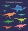 Set of theropoda dinosaurs. Colorful vector illustration of dinosaurs isolated on blue background. Side view. Theropods