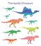 Set of theropoda dinosaurs. Colorful vector illustration of dinosaurs isolated on white background. Side view. Theropods