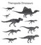 Set of theropoda dinosaurs. Monochrome vector illustration of dinosaurs isolated on white background. Side view