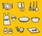 Set of thin black outline kitchen utensils vector illustration isolated on yellow background. Hand drawn vector. Doodle kitchenwar