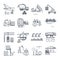 set of thin line icons loading and unloading of goods, handling, storage