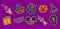 Set of thin outline halloween icon isolated on violet background. pumpkin, calender, coffin, broom, witcher hat, bat and magic cau