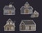 Set of thin white outline house icons isolated on dark background. night mode. modern scribble for kids, sticker, clipart, wallpap