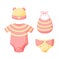 A set of things for a newborn isolated on a white background. Collection for girls in pink and yellow. Cap, bodysuit, bib, panties