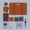 A set of things traveler. Mug, player, suitcase, passports, wall