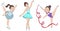 A set of three athletes: figure skater, ballerina and a gymnast. Colorful illustration in cartoon style. Hand drawn. Closeup.