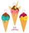 A set of three bright ice cream in a waffle cup, ice cream in the form of a unicorn with berries, leaf, bright and festive. Illust