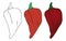 Set with three chili peppers in different versions, Vector illustration