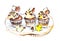 Set of three chocolate birthday cupcakes with chocolate bars. Food watercolor drawing isolated on white