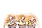 Set of three chocolate birthday cupcakes with chocolate bars. Food watercolor drawing isolated on white