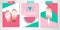 Set of three colorful summer cards with sandals, watermelon and ice cream on patchwork backgrounds. Vector templates with rose