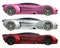 A set of three conceptual racing cars of one model of pink, gray and red colors. Side view. 3d illustration.