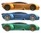 A set of three conceptual racing cars of one model of yellow, blue and green colors. Side view. 3d illustration.