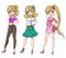 Set of three cute blondie girls with different haircuts and clothes.  Hand drawn cartoon illustration. Can be used for coloring