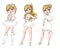 Set of three cute girls with celebration haircuts and clothes. Colored body with white costume. Hand drawn cartoon illustration.