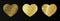 Set of three gold glittering hearts on dark