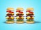 Set of three hamburgers disassembled 3D render on blue background with shadow
