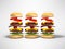 Set of three hamburgers disassembled 3D render on gray background with shadow