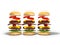 Set of three hamburgers disassembled 3D render on white background with shadow