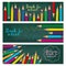 Set of three horizontal banners with multicolored pencils. Doodle back to school background.