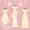 Set of three long bridal dresses hang on ribbons