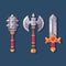 Set of three medieval fantasy weapons. Battle mace, axe and sword