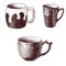 Set of three Monochrome graphic textured cups. Pencil illustrations of ceramic mugs of tea or coffee for menu of
