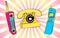 Set of three old yellow blue and blue retro retro vintage Hipster vintage square first mobile phones with long antenna and sliders