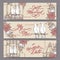 Set of three original wedding banners based on doves in cage vintage sketch and brush calligraphy.