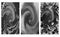 Set of three raster black and white patterns. Abstract image of a hurricane. Whirlwind, swirling lines.