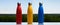 Set of three reusable thermo bottles for water with silver plug. Red, yellow and blue of color.