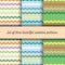 Set of three seamless patterns of multicolor broken lines, zigzag, on linen, light blue, olive background, vector