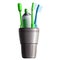 Set of three toothbrushes, toothpaste and cup