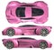 A set of three types of racing concept car in pink. Side view and top view. 3d illustration.