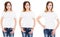 Set three variants caucasian woman in white T-shirt for the designer isolated, white girl t shirt,tshirt collage