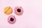Set of three Various Ice Cream Balls or Scoops Decorated with Fruits on Pink Background Top View Peach and Cherry Flavor Copy